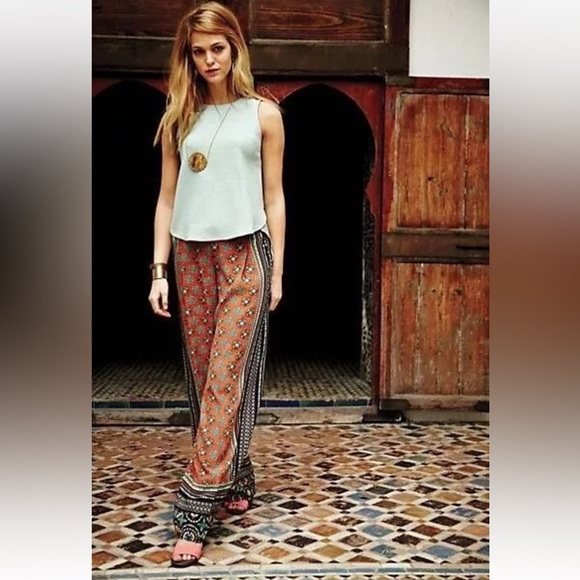 Anthropologie Elevenses Wide Leg Palazzo Bohemian Print Blue Orange Pants Size 4 - Picture 1 of 9